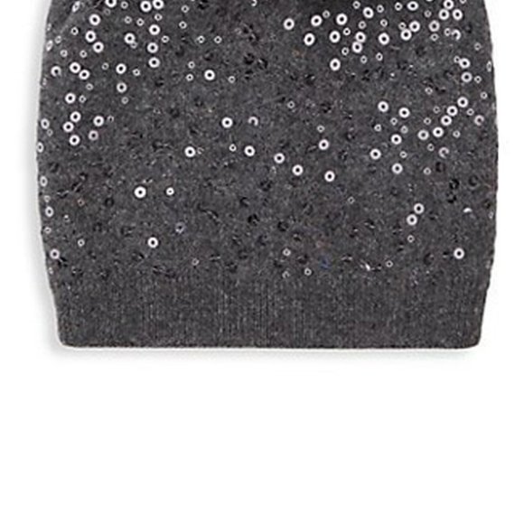 NWT Women Fox Fur-Trim & Sequin Knit Gray Pom-Pom Beanie